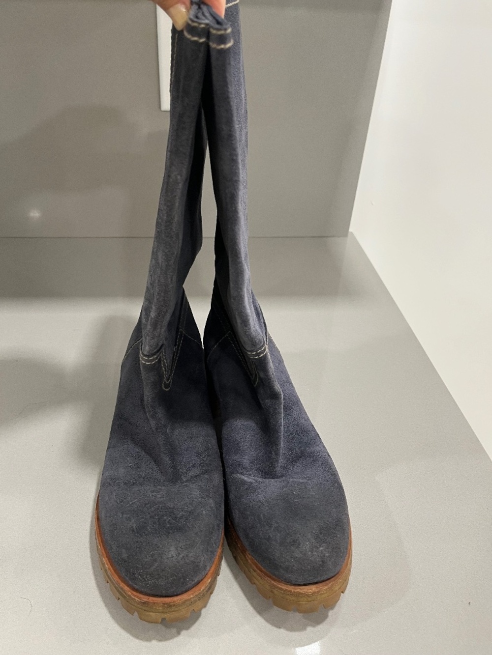 Prada Blue Suede Mid-Calf Boots.  Size 37 1/2.
